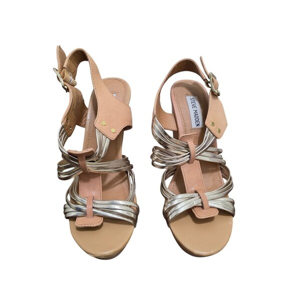 Steve Madden Gold & Nude Strappy Wedge Sandals With Buckle Closure Size 7.5 - Picture 1 of 13